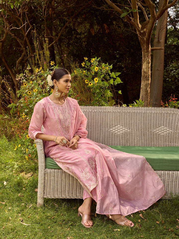 Resham Embroidered Chanderi Suit Set With Dupatta