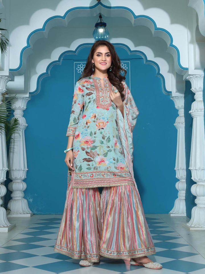 Printed Cotton Kurta With Garara &amp; Dupatta
