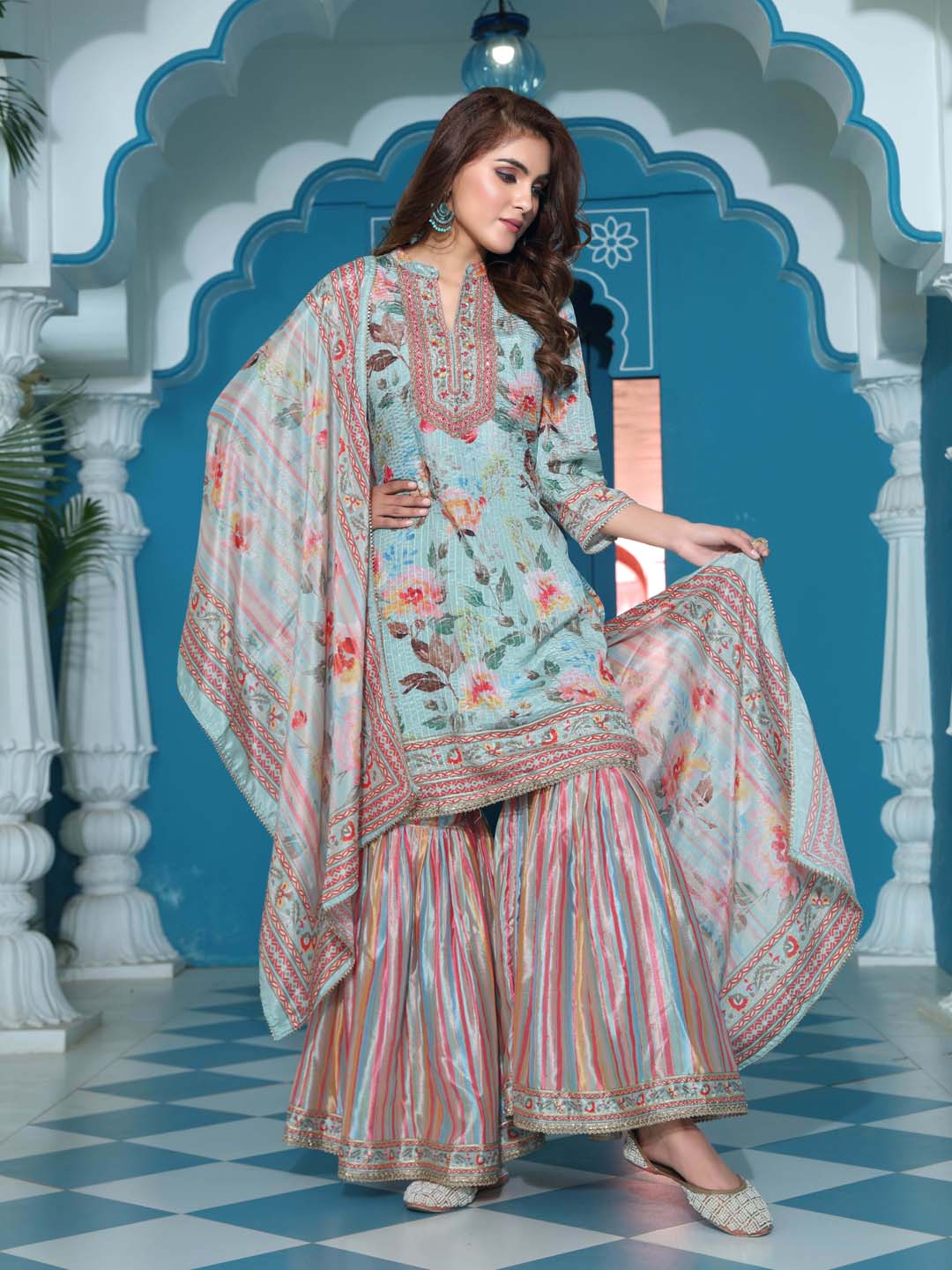 Printed Cotton Kurta With Garara &amp; Dupatta