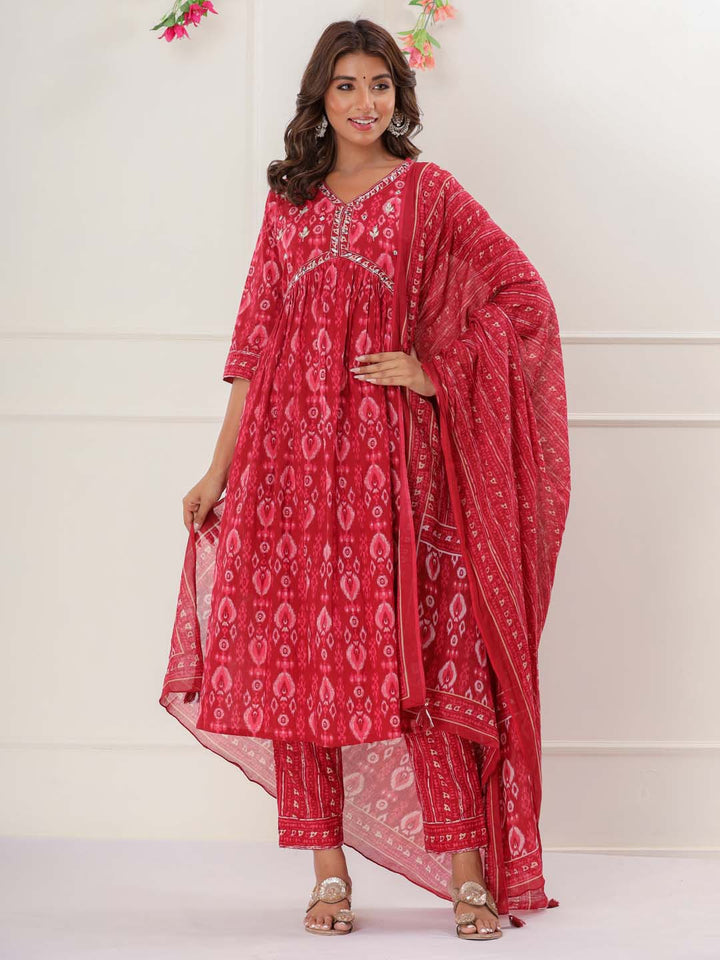 Floral Printed Cotton Kurta With Pants &amp; Dupatta