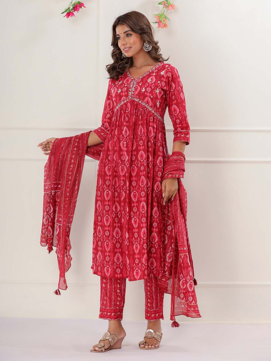 Floral Printed Cotton Kurta With Pants &amp; Dupatta