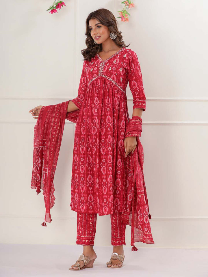 Floral Printed Cotton Kurta With Pants &amp; Dupatta