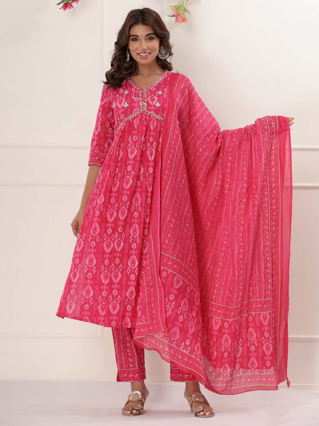 Floral Printed Cotton Kurta With Pants &amp; Dupatta
