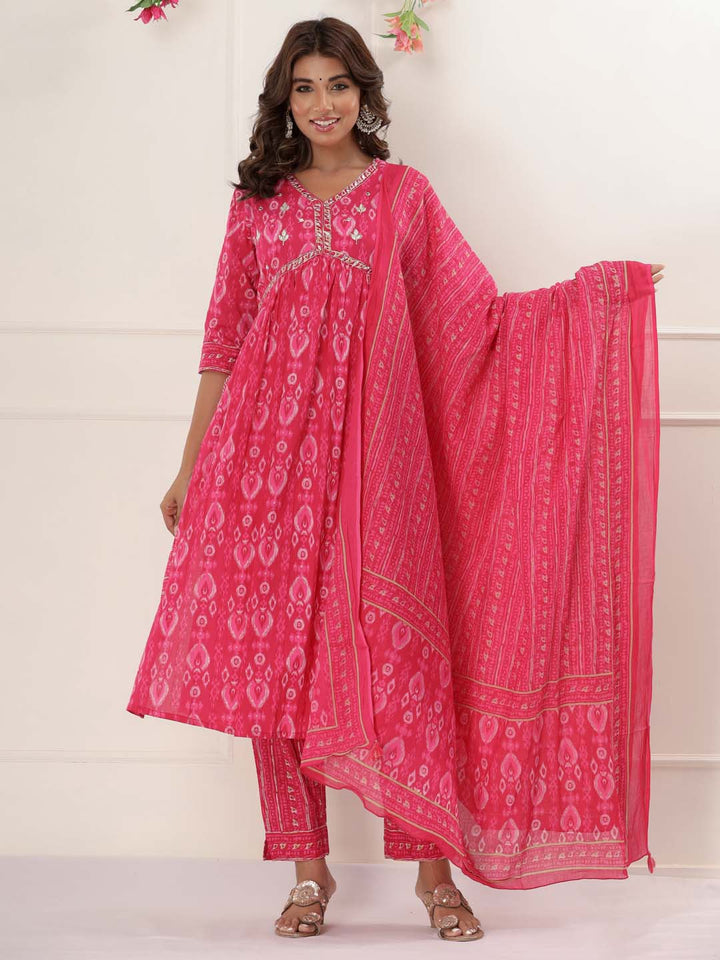 Floral Printed Cotton Kurta With Pants &amp; Dupatta