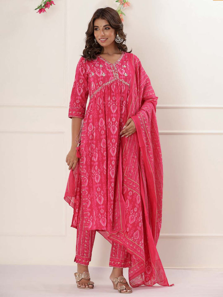 Floral Printed Cotton Kurta With Pants &amp; Dupatta