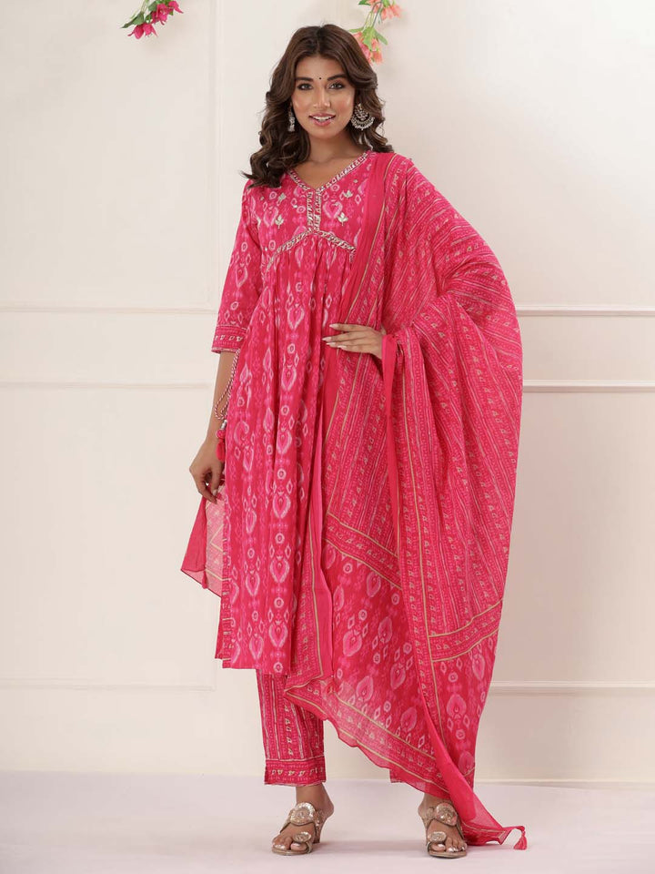 Floral Printed Cotton Kurta With Pants &amp; Dupatta