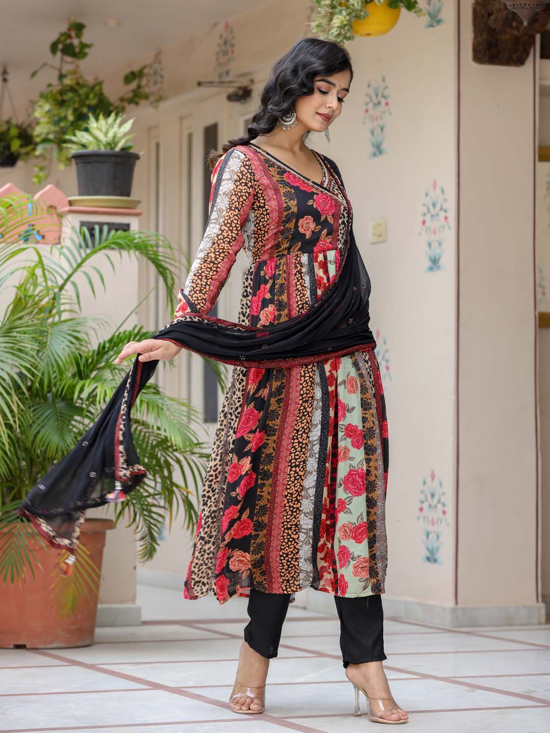 Floral Printed Crepe Kurta With Pants &amp; Dupatta
