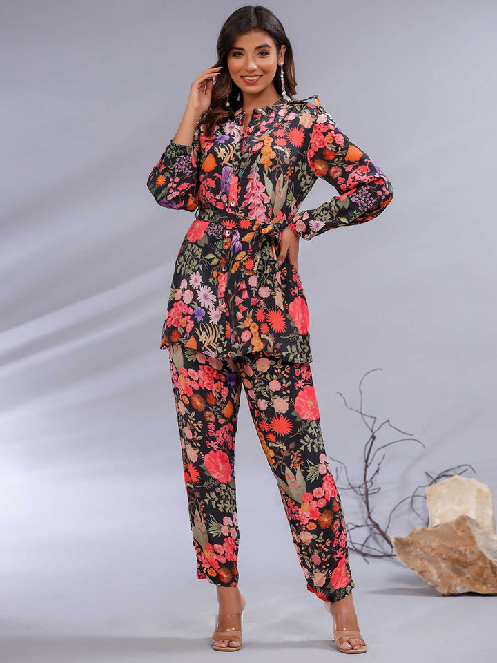 Floral Printed Crepe Co-Ord Set With Belt