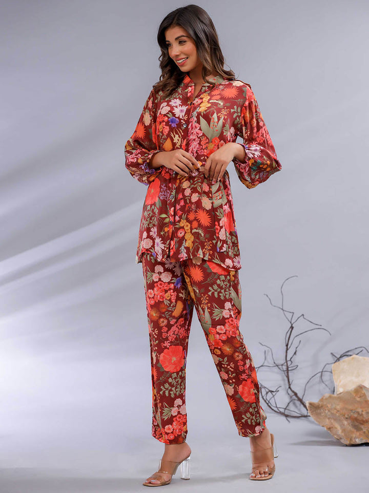 Floral Printed Crepe Co-Ord Set With Belt