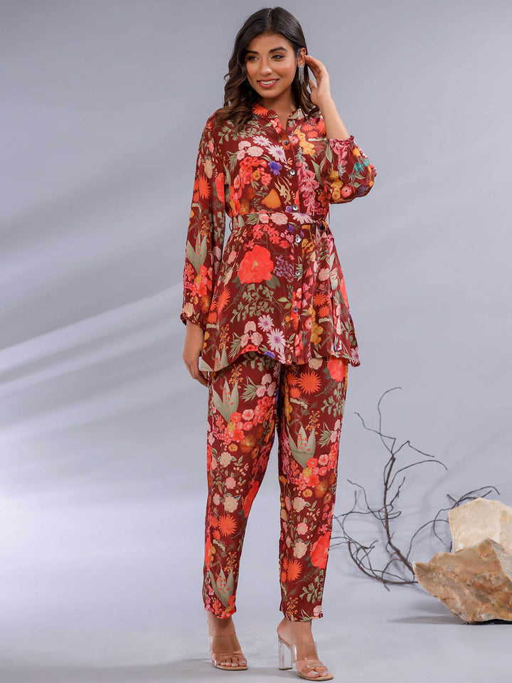 Floral Printed Crepe Co-Ord Set With Belt