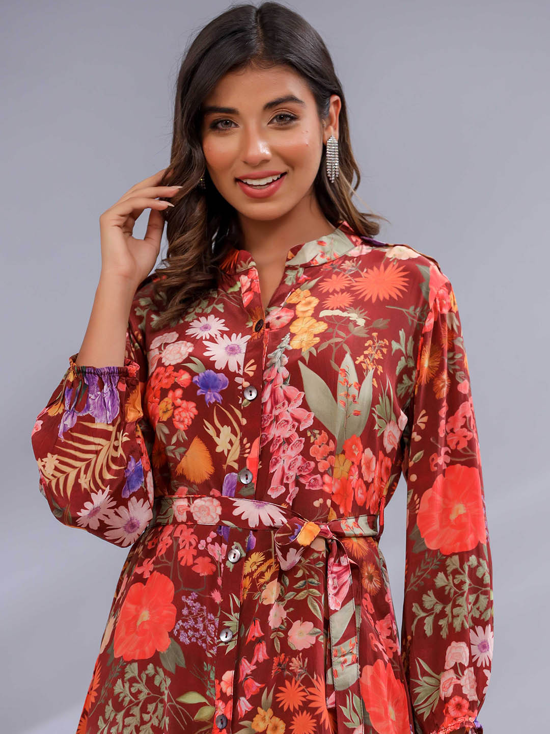 Floral Printed Crepe Co-Ord Set With Belt