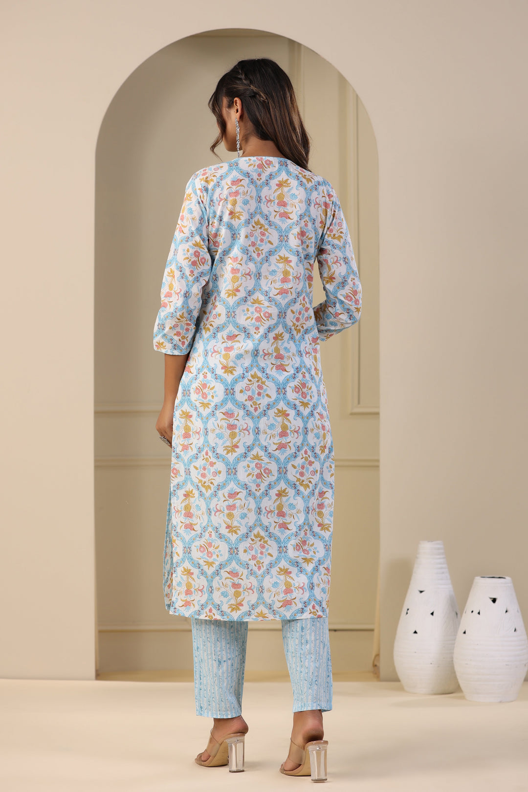 Printed Cotton Kurta With Pants &amp; Dupatta