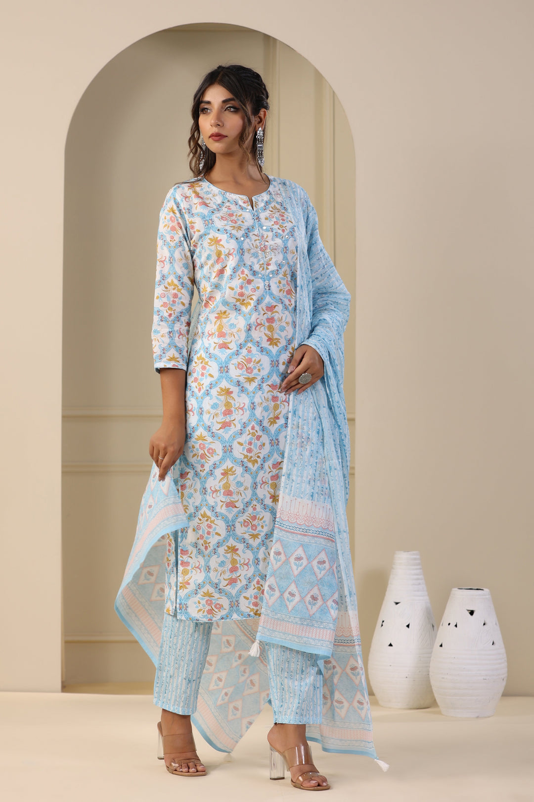 Printed Cotton Kurta With Pants &amp; Dupatta