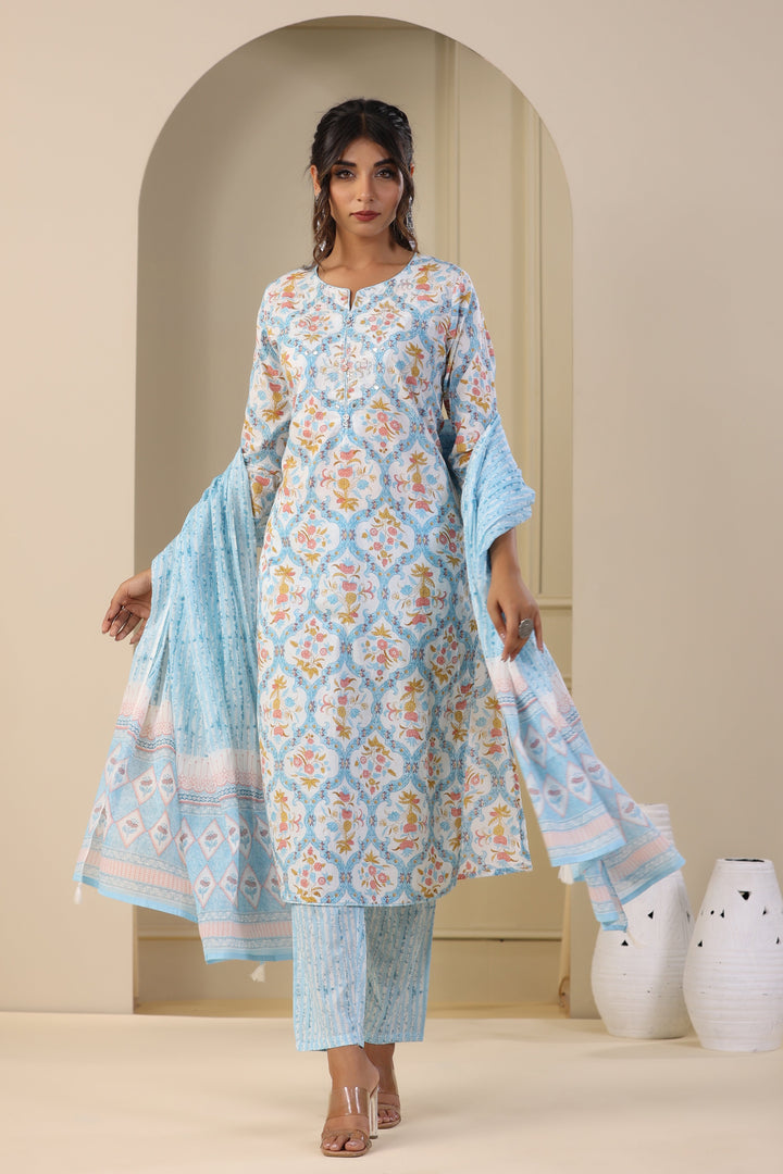Printed Cotton Kurta With Pants &amp; Dupatta