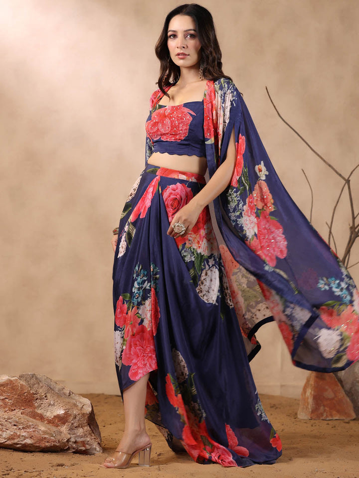 Printed Crepe Cape And Dhoti Skirt Set
