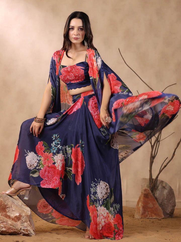 Printed Crepe Cape And Dhoti Skirt Set