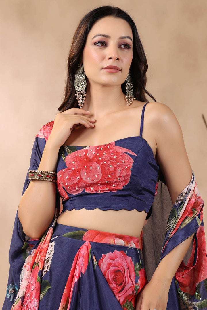 Printed Crepe Cape And Dhoti Skirt Set
