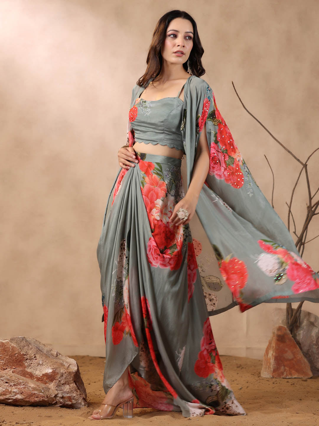 Printed Crepe Cape And Dhoti Skirt Set