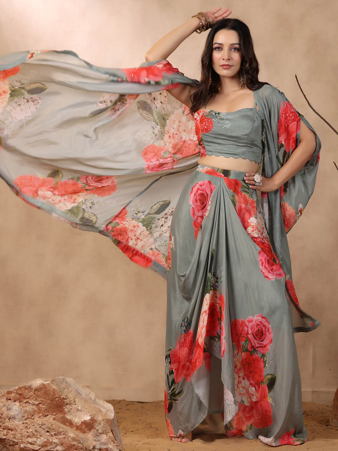 Printed Crepe Cape And Dhoti Skirt Set