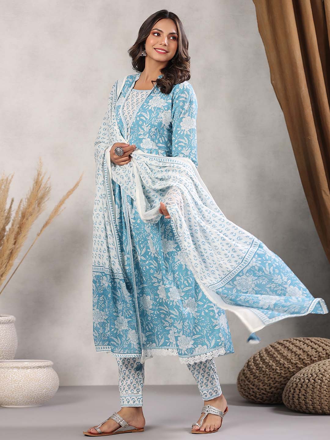 Printed Cotton Kurta With Pants &amp; Dupatta