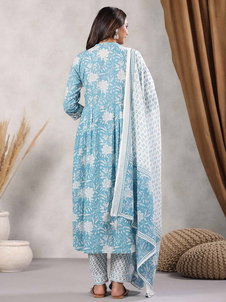 Printed Cotton Kurta With Pants &amp; Dupatta