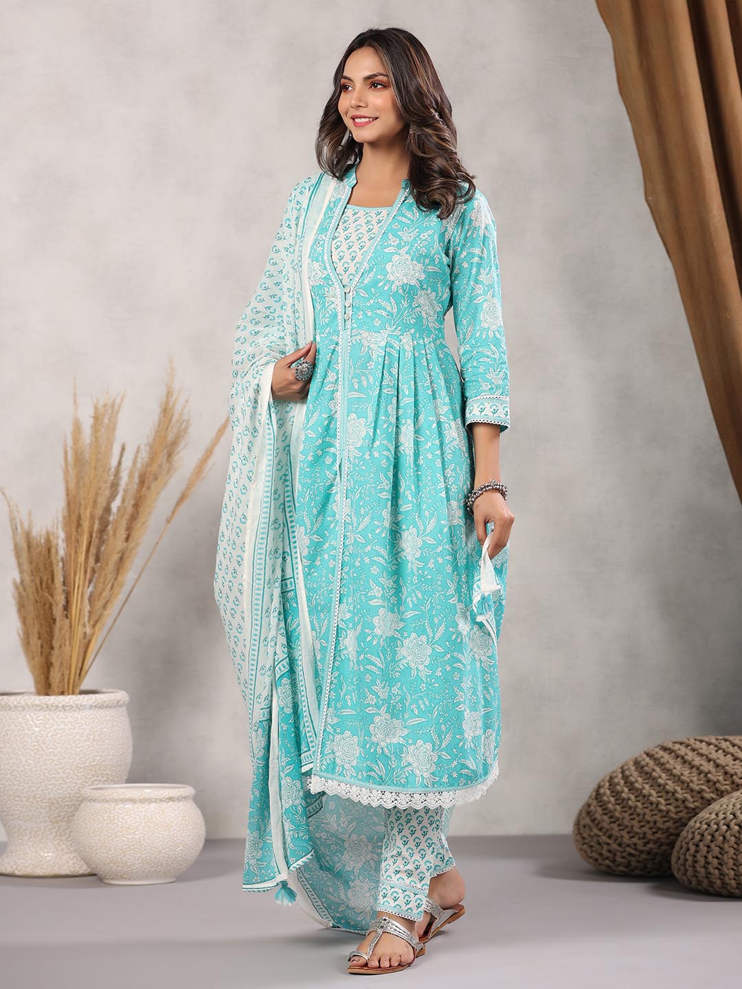 Printed Cotton Kurta With Pants &amp; Dupatta