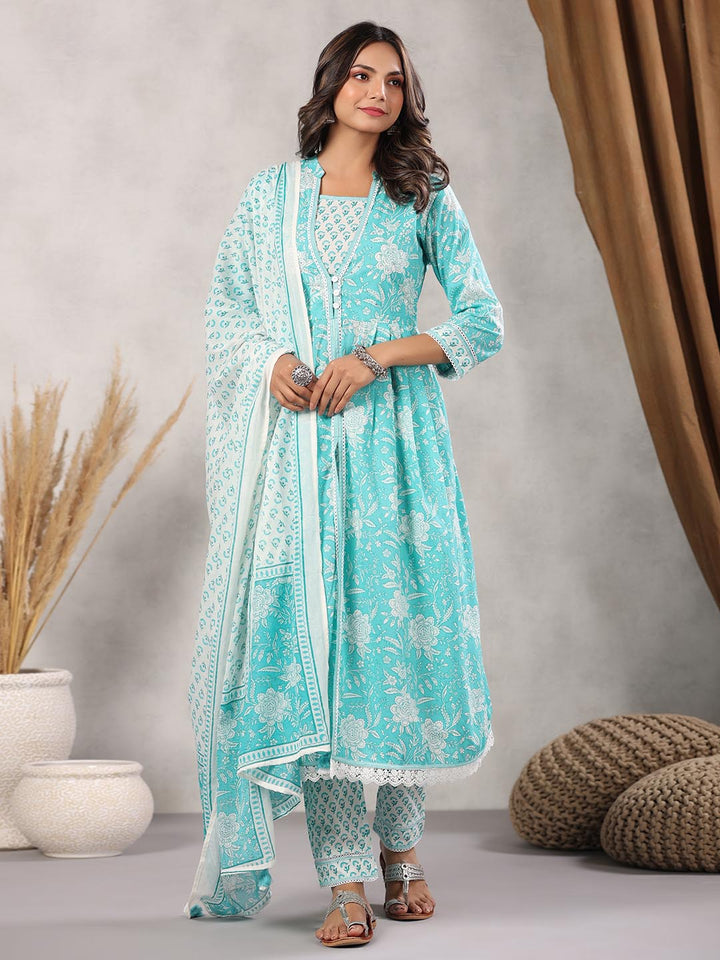 Printed Cotton Kurta With Pants &amp; Dupatta