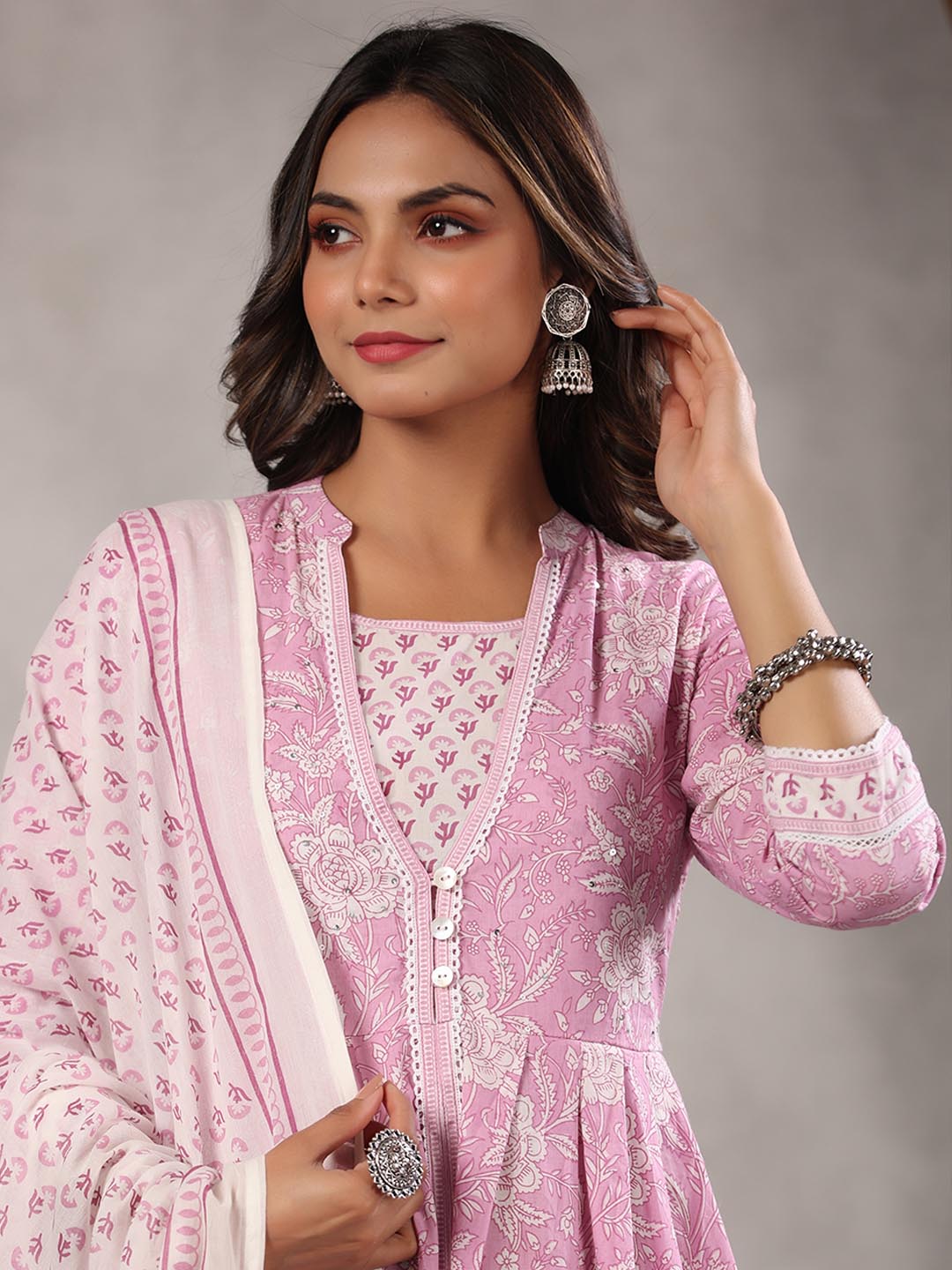 Printed Cotton Kurta With Pants &amp; Dupatta