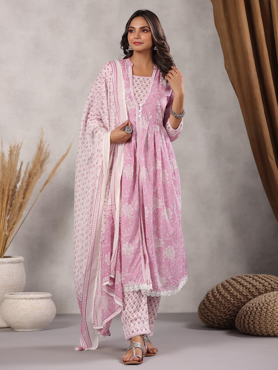 Printed Cotton Kurta With Pants &amp; Dupatta