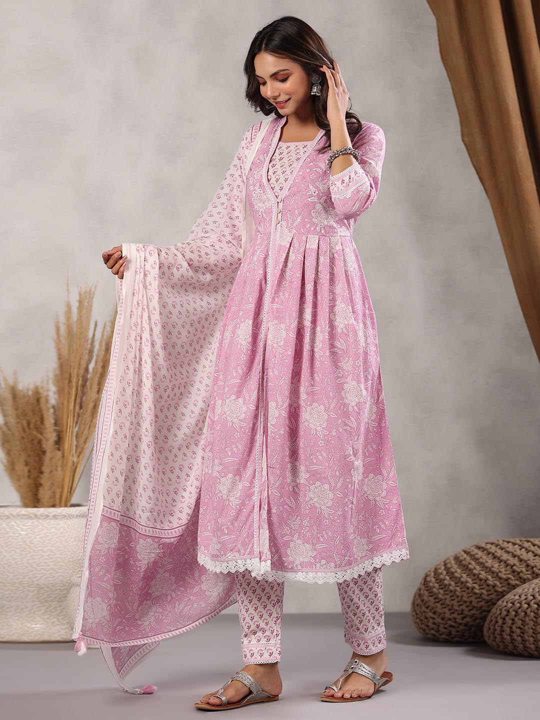 Printed Cotton Kurta With Pants &amp; Dupatta
