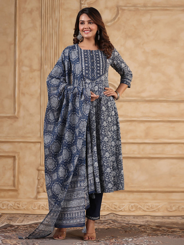 Floral Printed Anarkali Kurta With Pants &amp; Dupatta