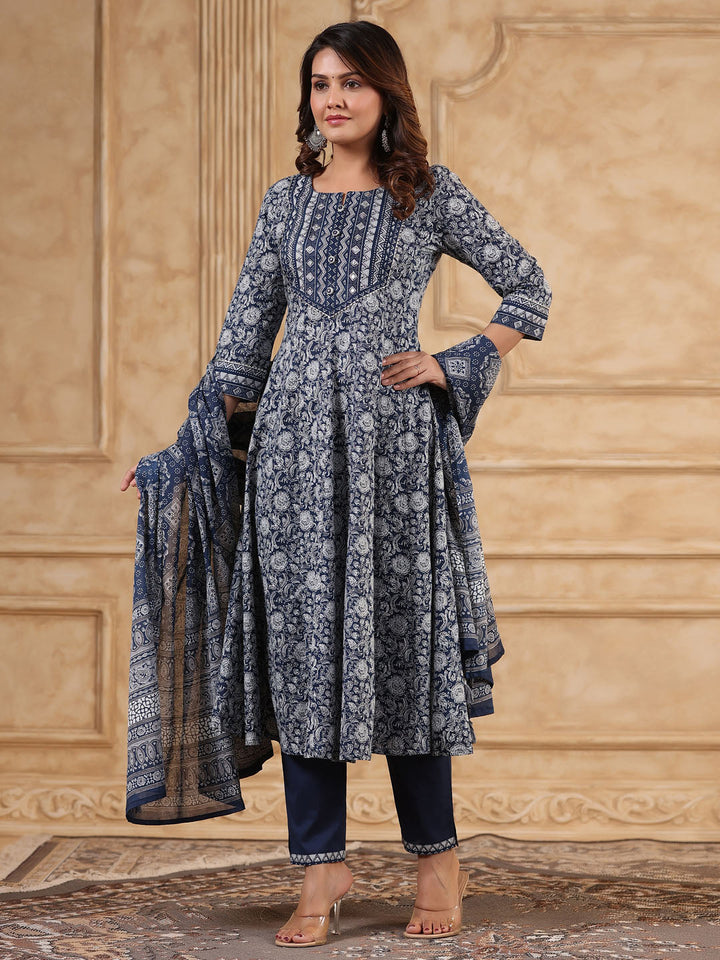 Floral Printed Anarkali Kurta With Pants &amp; Dupatta