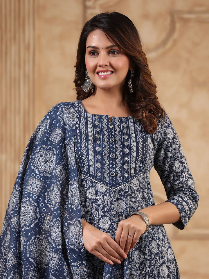 Floral Printed Anarkali Kurta With Pants &amp; Dupatta
