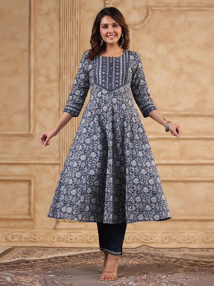 Floral Printed Anarkali Kurta With Pants &amp; Dupatta