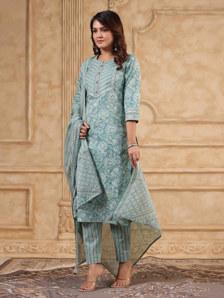 Floral Printed Kurta With Pants &amp; Dupatta