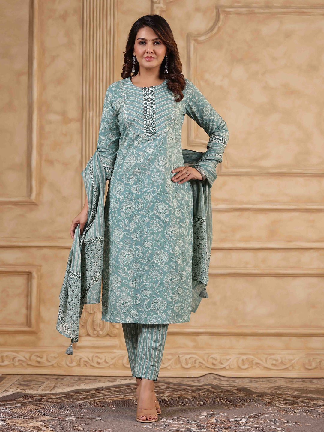 Floral Printed Kurta With Pants &amp; Dupatta