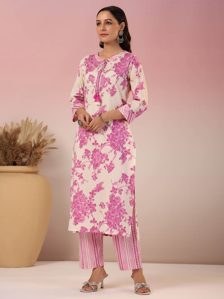 Floral Printed Cotton Kurta With Pants