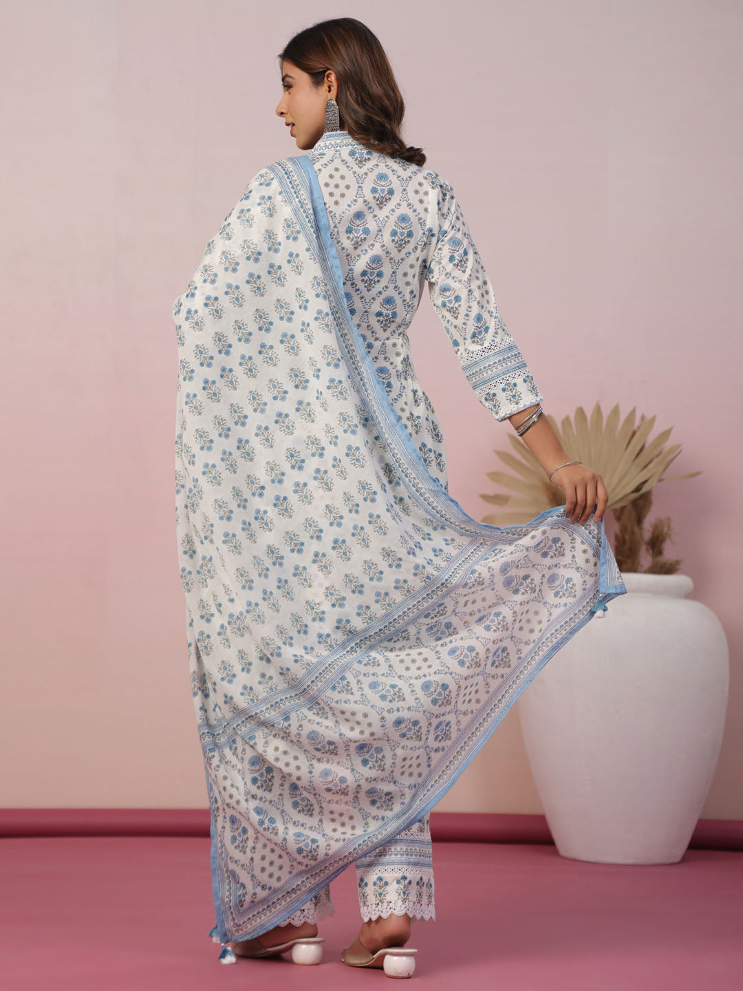 Floral Block Printed Cotton Kurta With Pants &amp; Dupatta