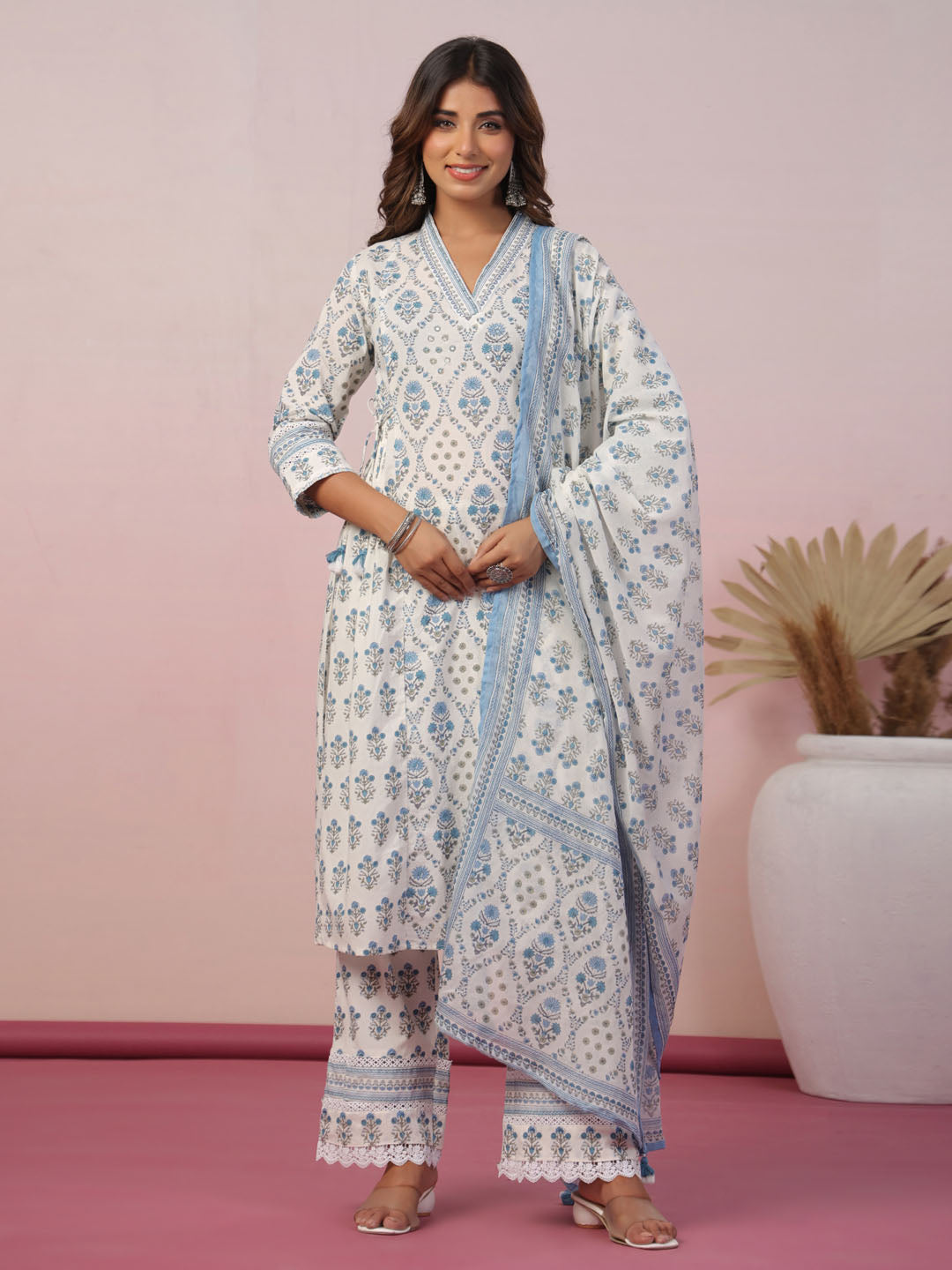 Floral Block Printed Cotton Kurta With Pants &amp; Dupatta
