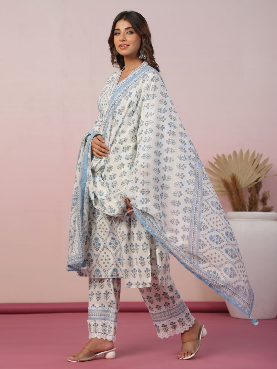 Floral Block Printed Cotton Kurta With Pants &amp; Dupatta