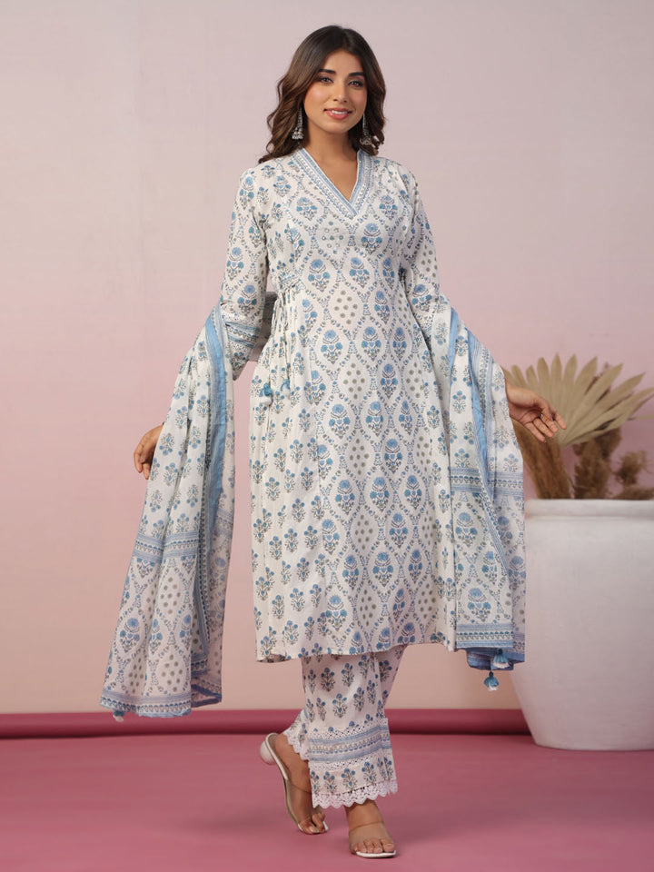 Floral Block Printed Cotton Kurta With Pants &amp; Dupatta