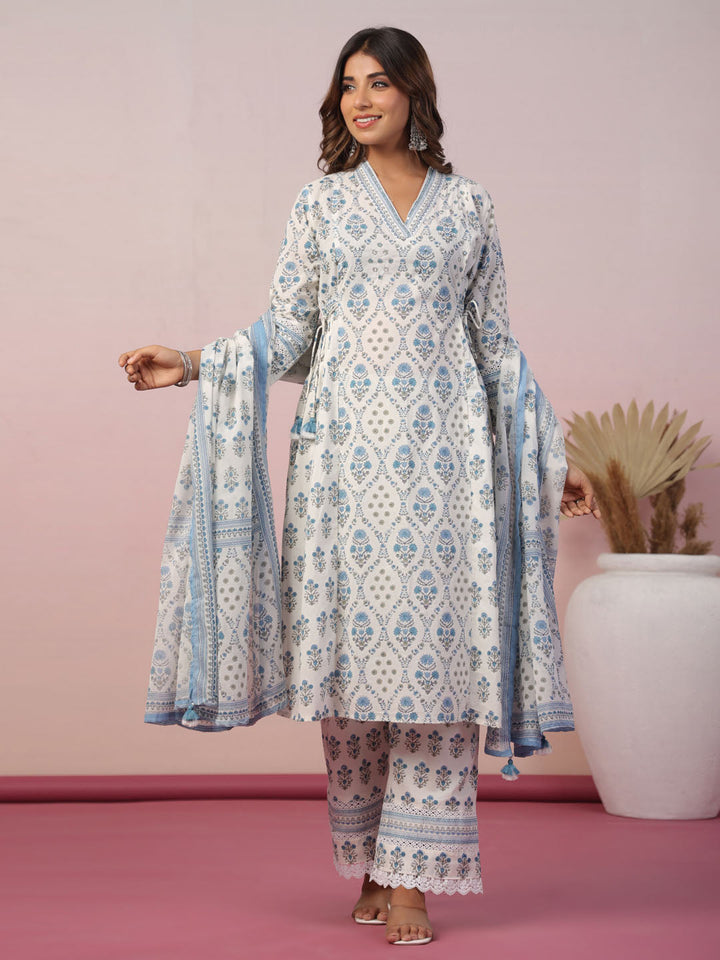 Floral Block Printed Cotton Kurta With Pants &amp; Dupatta