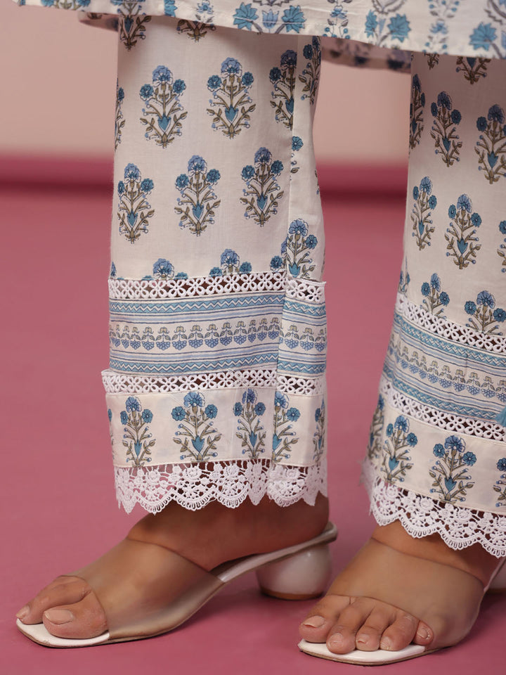 Floral Block Printed Cotton Kurta With Pants &amp; Dupatta