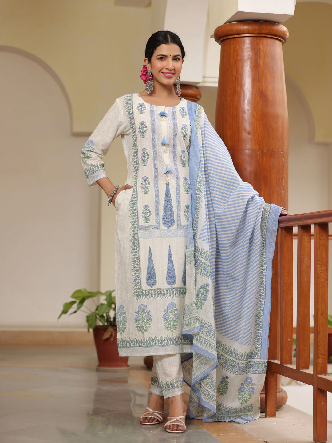 Floral Printed Cotton Kurta With Pants &amp; Dupatta