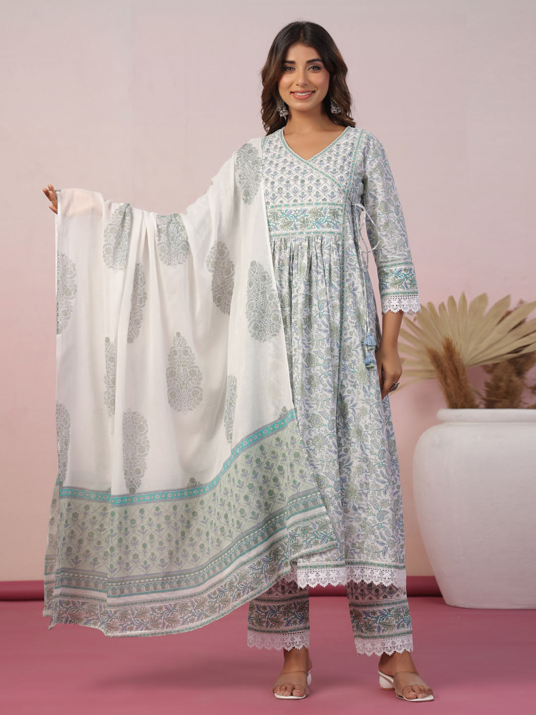 Floral Block Printed Cotton Kurta With Pants &amp; Dupatta