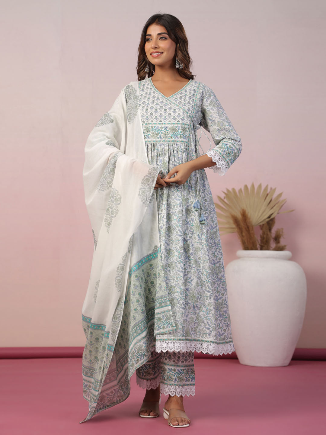 Floral Block Printed Cotton Kurta With Pants &amp; Dupatta