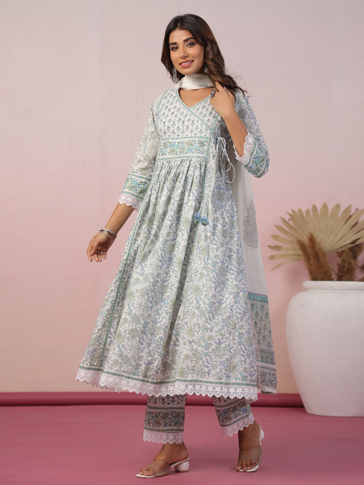 Floral Block Printed Cotton Kurta With Pants &amp; Dupatta
