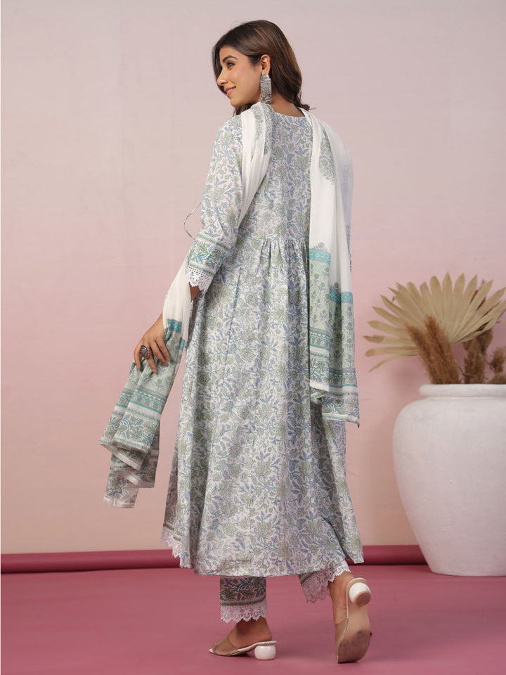 Floral Block Printed Cotton Kurta With Pants &amp; Dupatta