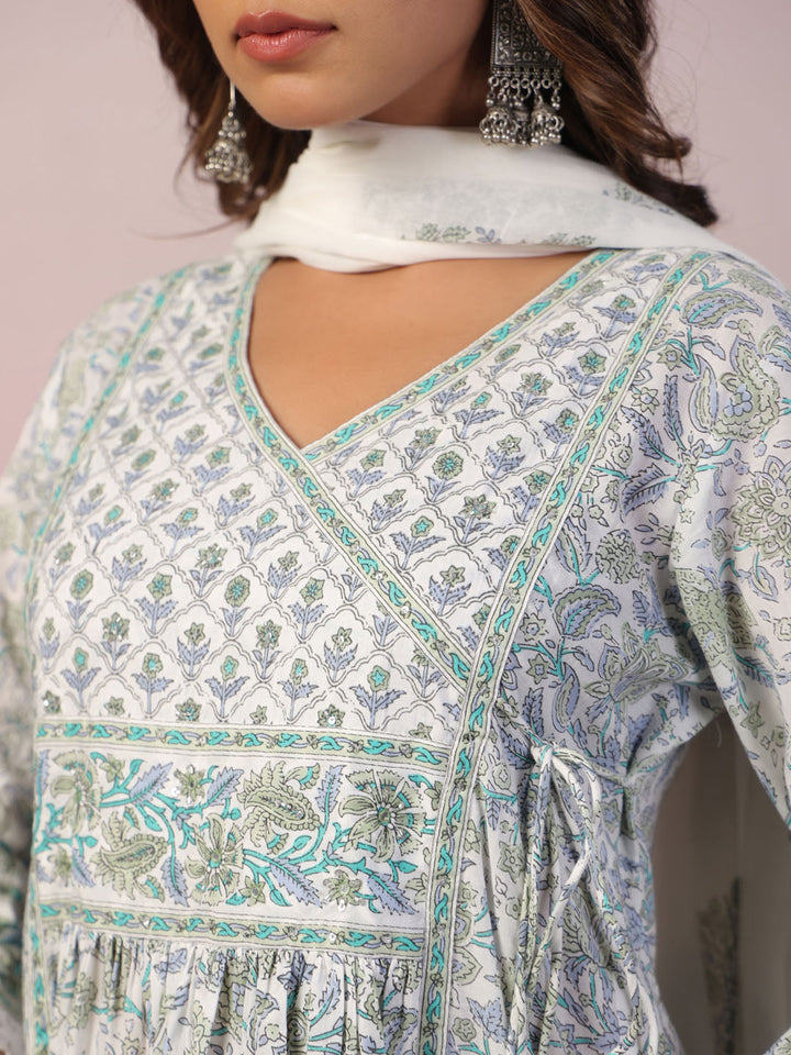 Floral Block Printed Cotton Kurta With Pants &amp; Dupatta