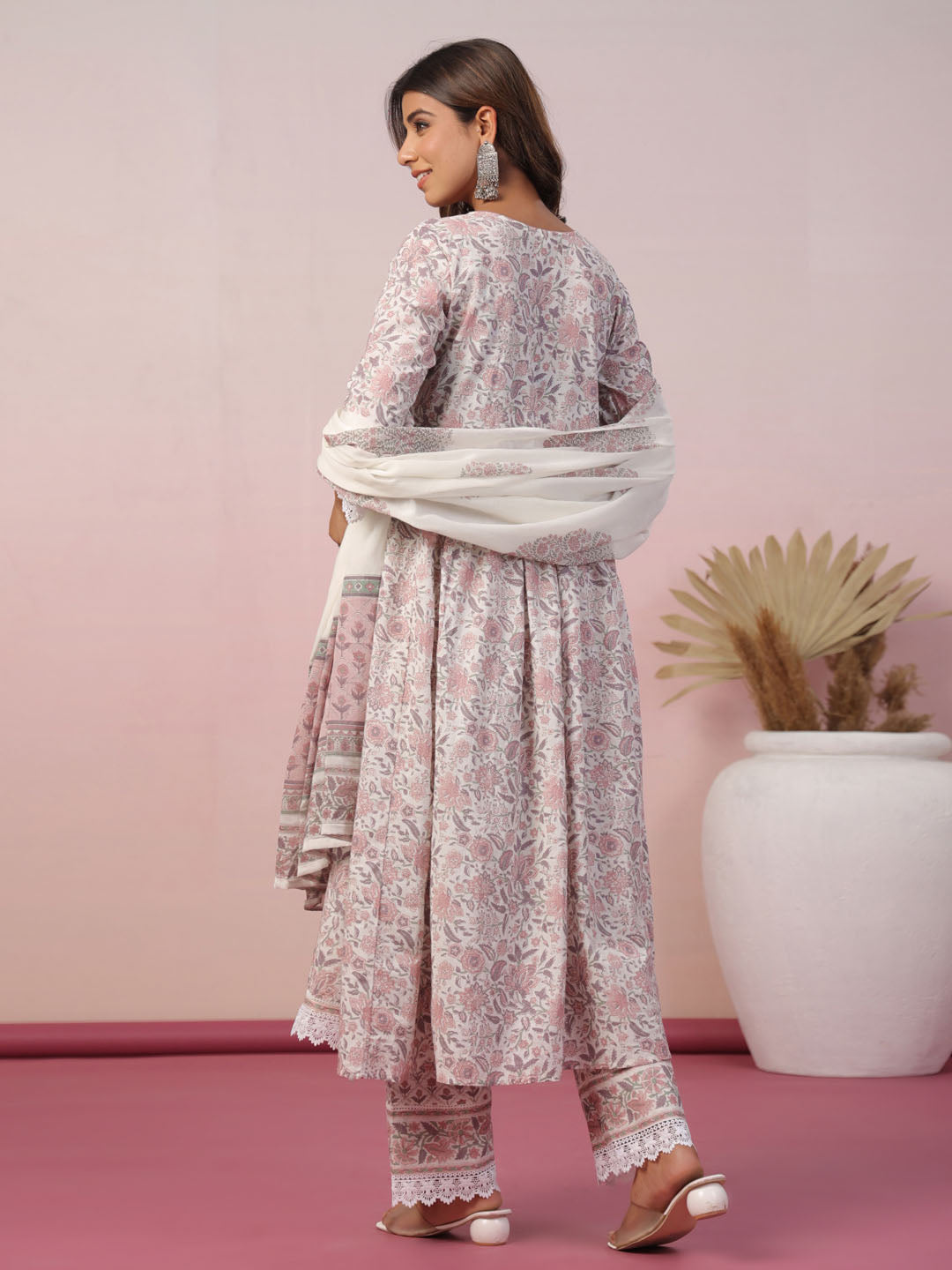 Floral Block Printed Cotton Kurta With Pants &amp; Dupatta